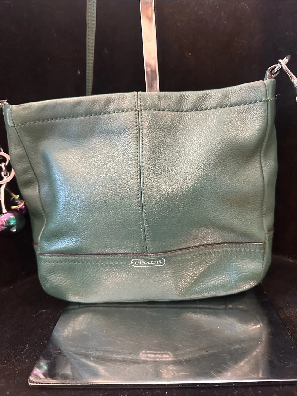 Coach#339 Green Leather Medium Shoulder Bag with Charm Accents